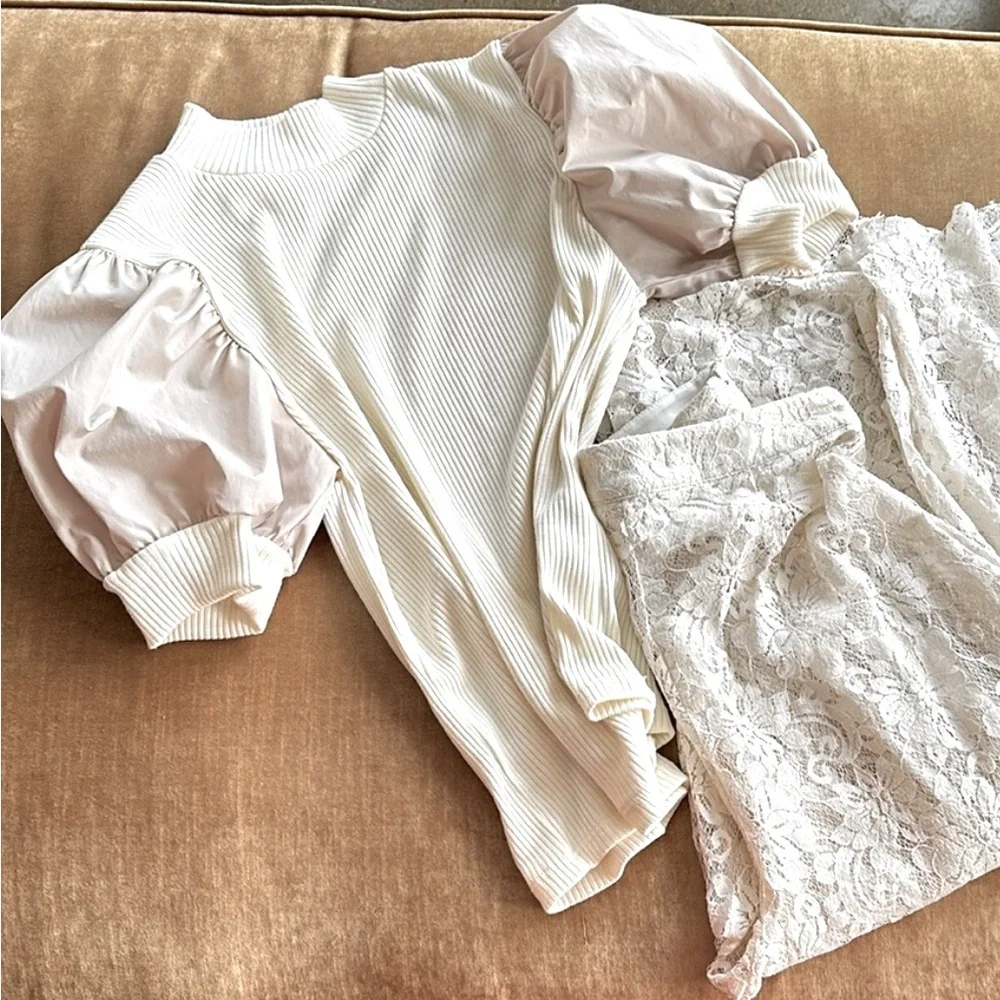 Zara top taffeta silk Puff sleeve mock neck Rib stretch fabric Cream Lunch Party